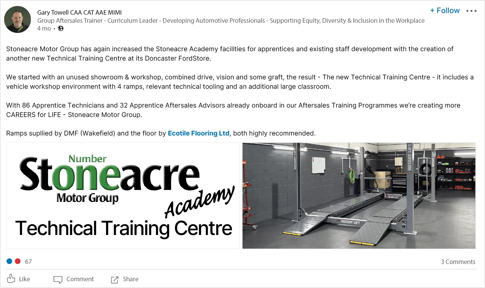 LinkedIn Post by Gary Towell, discussing the full project at Stoneacre's Technical Facility